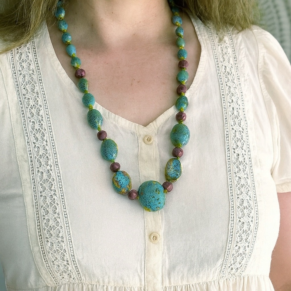 Vintage Artisan Ceramic Bead Statement Necklace Turquoise Speckled 26” Inch - Picture 12 of 15